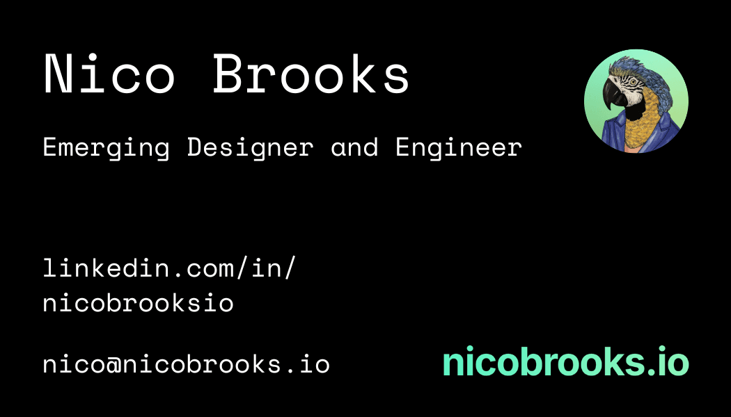 Nico Brooks business card with contact information.
