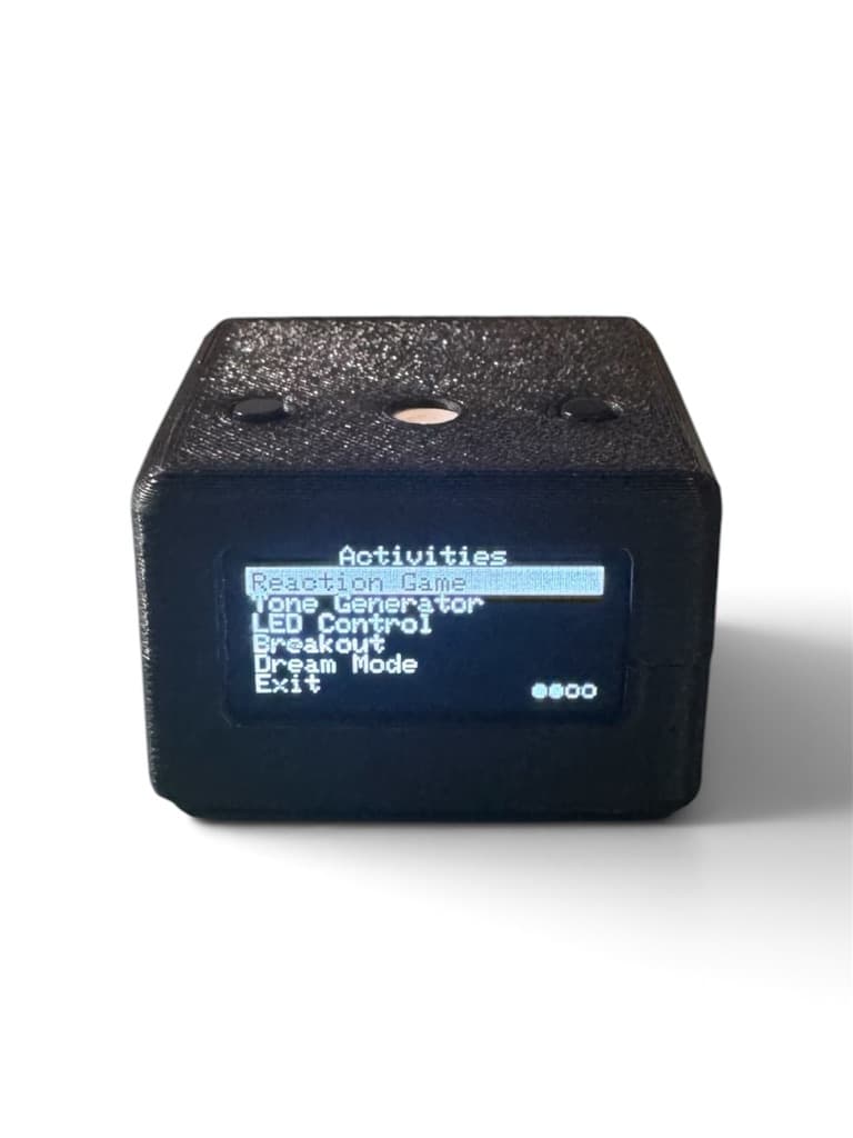 Cubelet with two top buttons and a central LED, displaying its Activities menu.