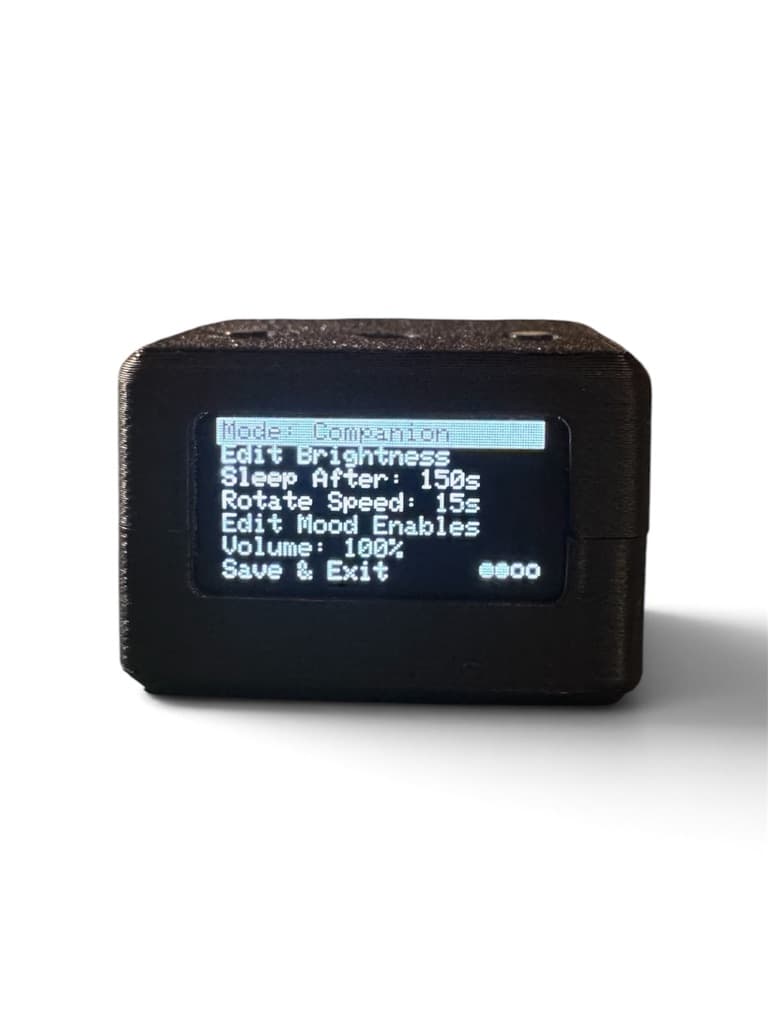 Cubelet displaying settings for companion mode, brightness, sleep, rotation speed, moods, and volume.