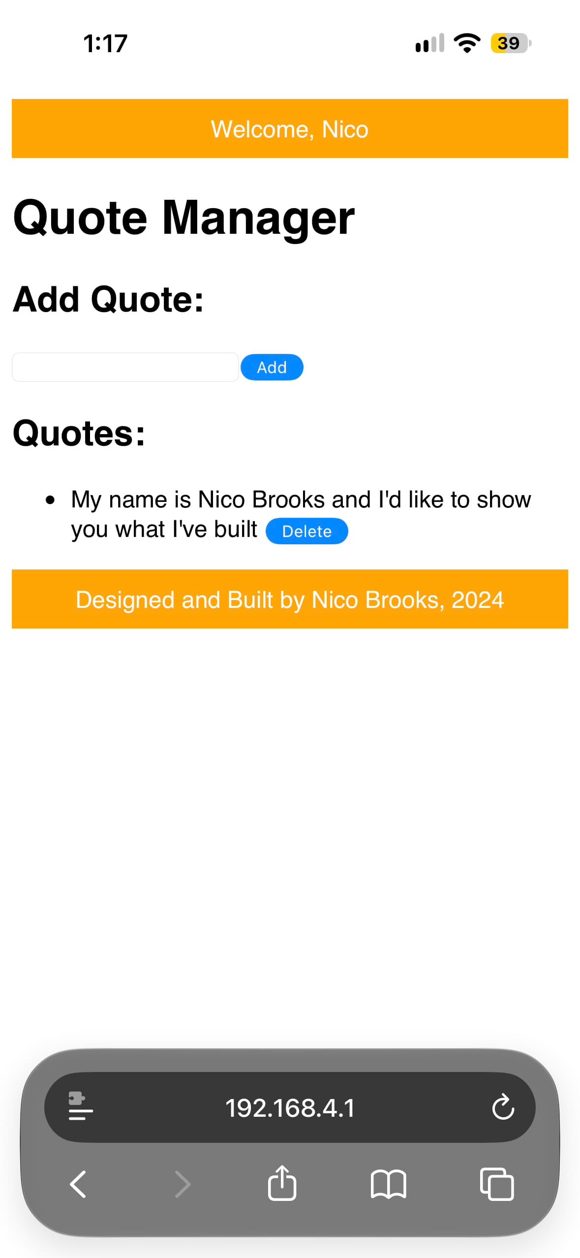 Pocket Quote’s original web-based Quote Manager on an iPhone, with an Add Quote field and a saved message with a Delete button.
