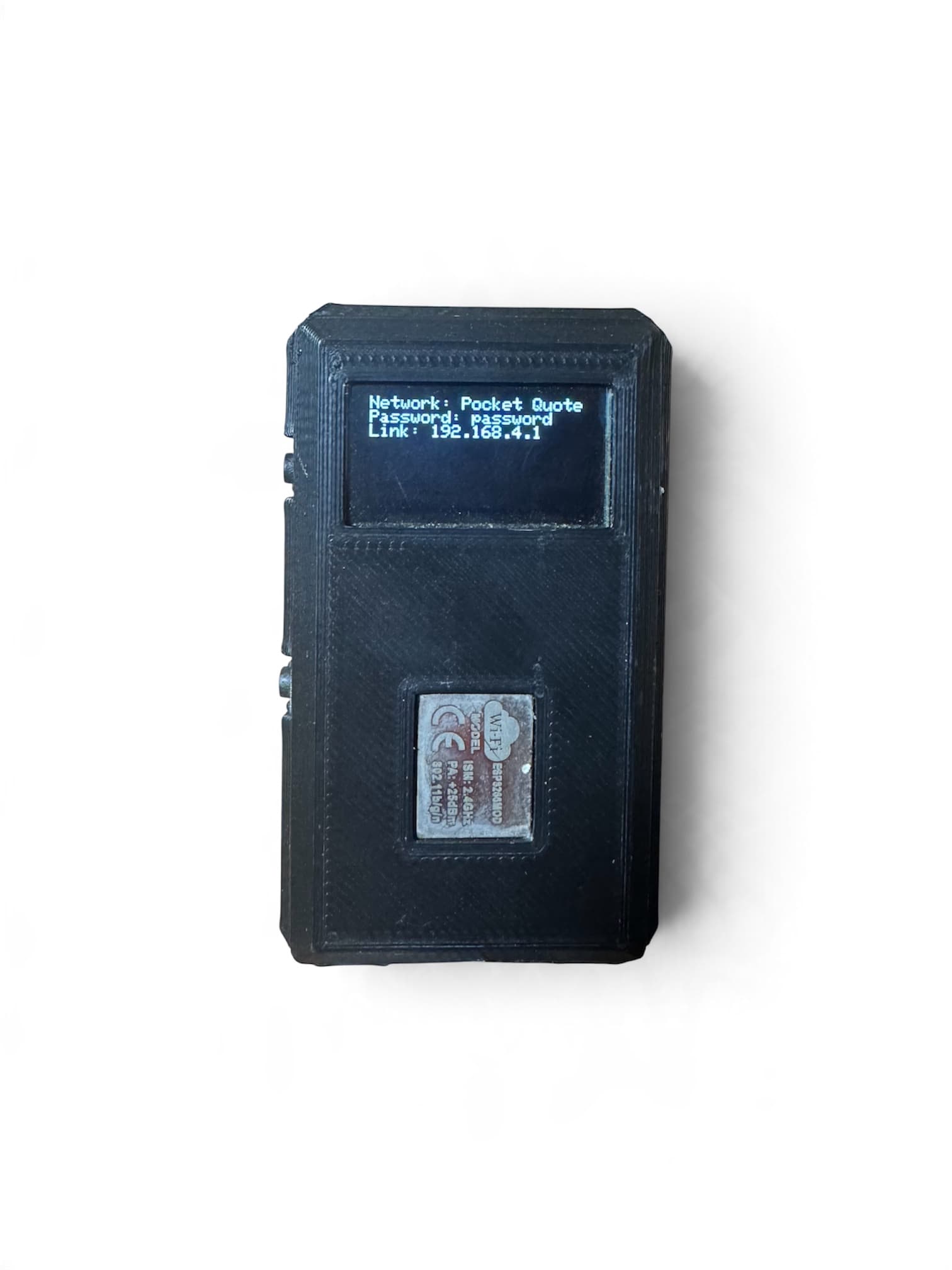 Pocket Quote displaying the local Wi-Fi connection details for its web interface.