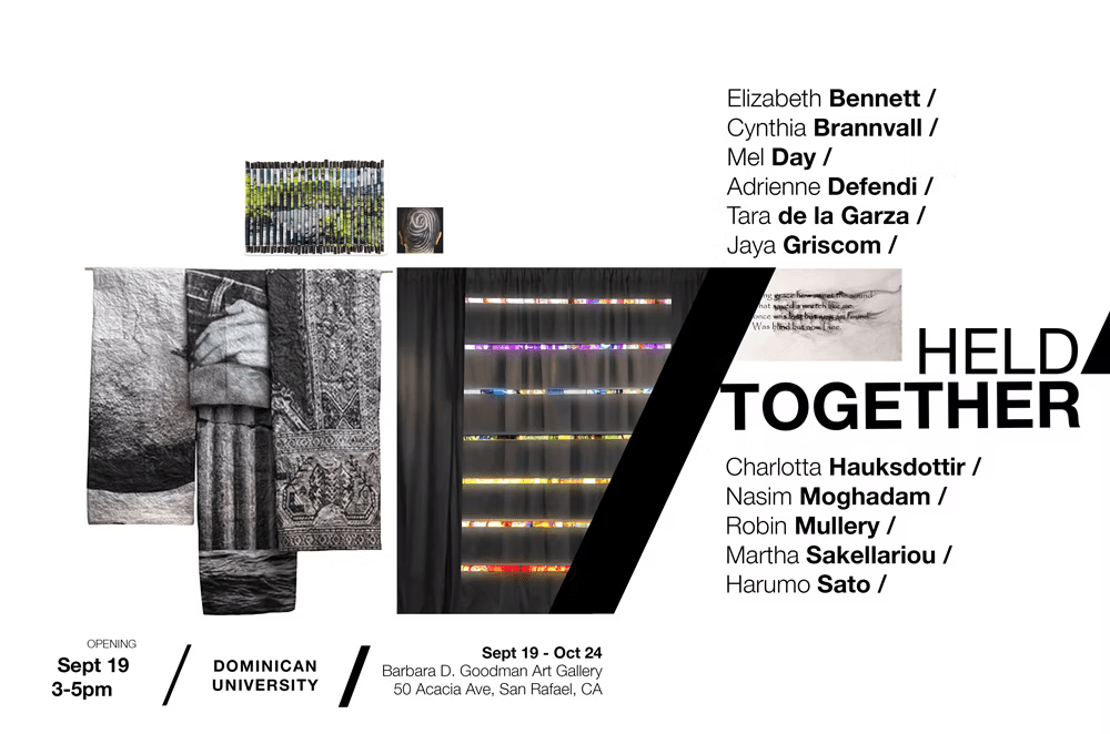 Held Together exhibition poster listing Tara de la Garza and other participating artists at Dominican University.